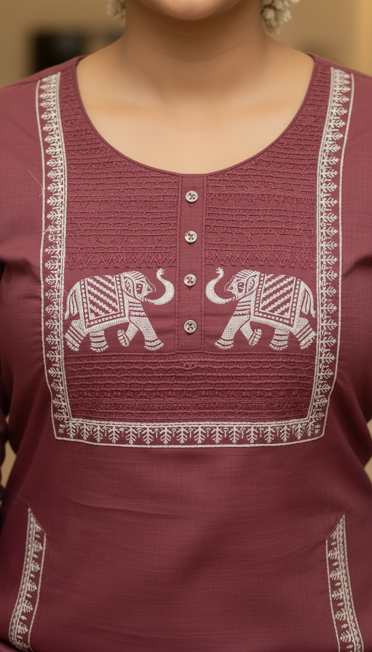 Ethnic Cotton Kurta Set with Elephant Motif