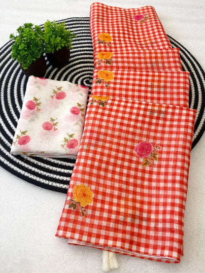 Red Purple Soft Linen Saree with Checks Pattern and Floral Motifs With Blouse