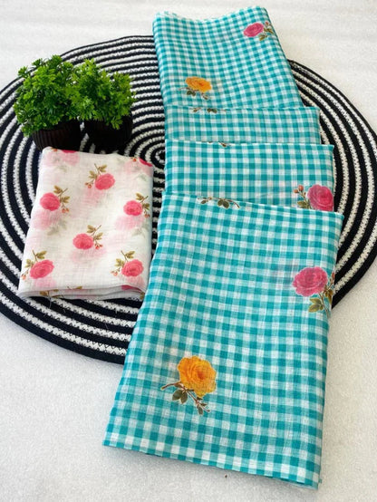 Aqua Blue Soft Linen Saree with Checks Pattern and Floral Motifs With Blouse