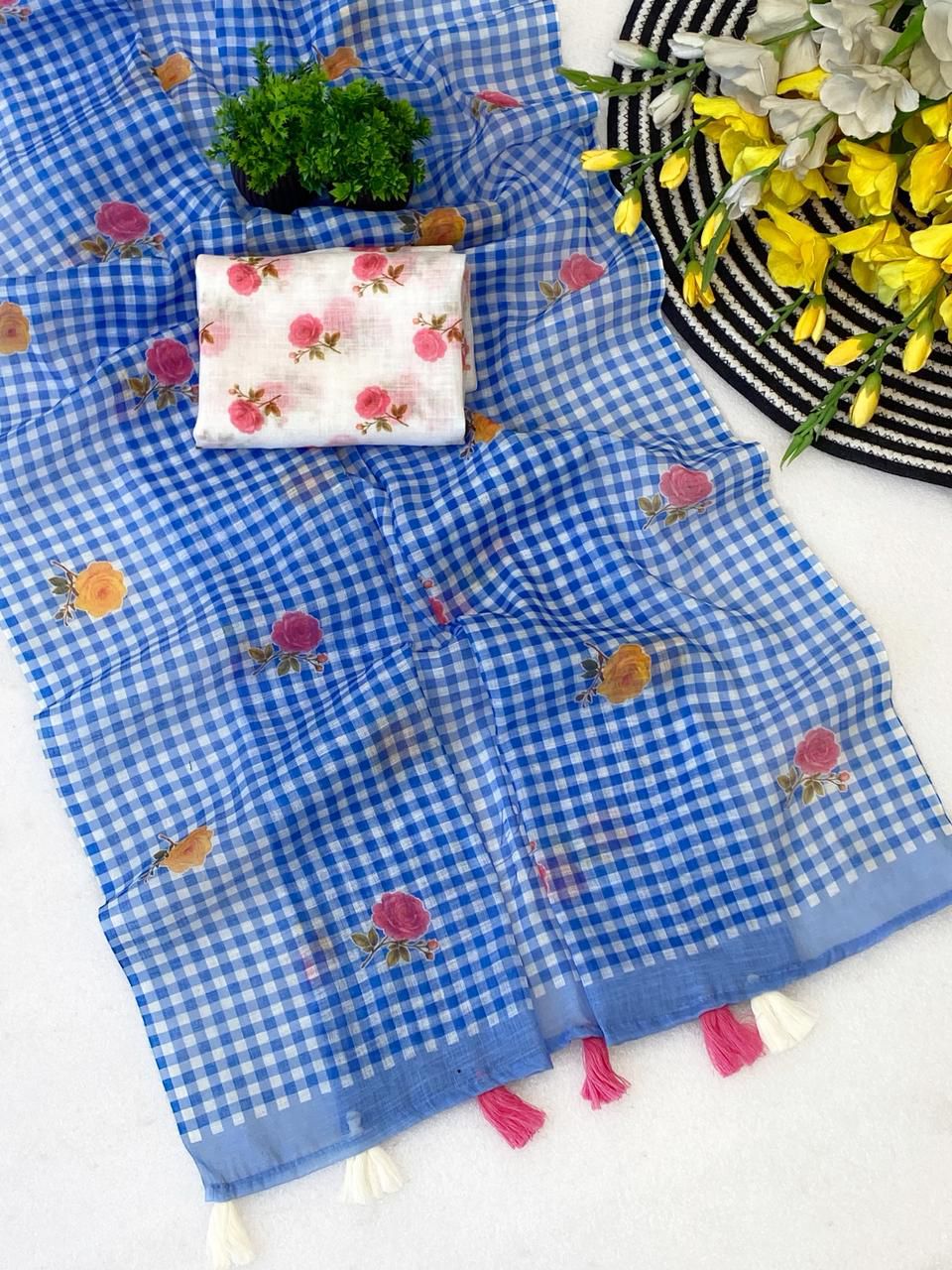 Blue Soft Linen Saree with Checks Pattern and Floral Motifs With Blouse ( VALC7 )