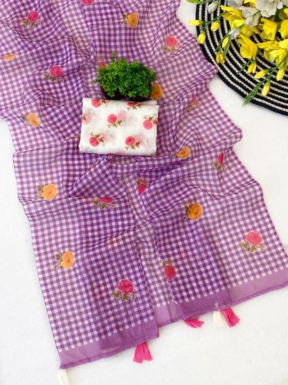 Purple Soft Linen Saree with Checks Pattern and Floral Motifs With Blouse ( VALC7 )