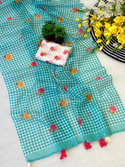 Aqua Blue Soft Linen Saree with Checks Pattern and Floral Motifs With Blouse
