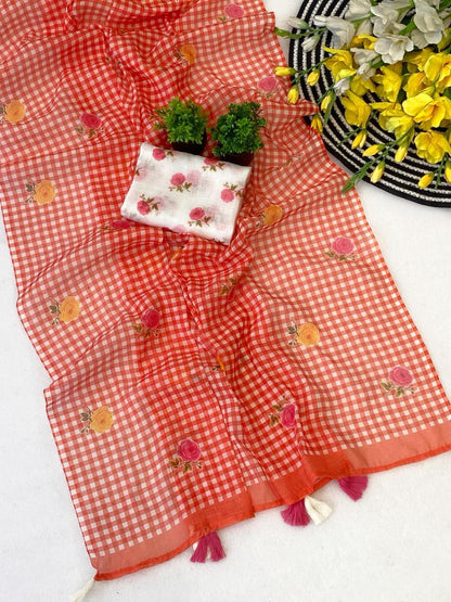 Red Purple Soft Linen Saree with Checks Pattern and Floral Motifs With Blouse