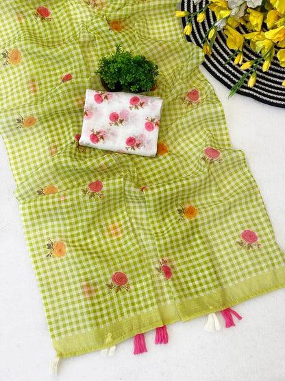 Green Soft Linen Saree with Checks Pattern and Floral Motifs With Blouse