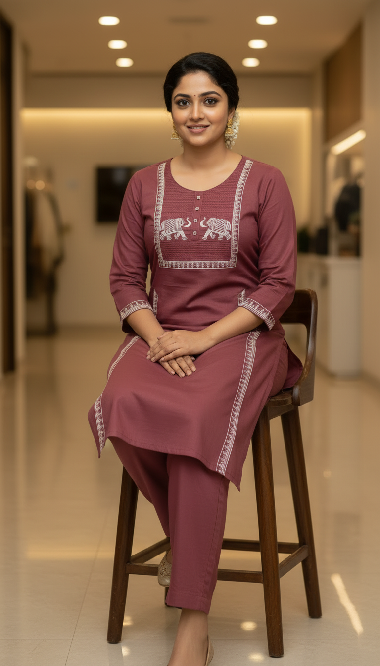 Ethnic Cotton Kurta Set with Elephant Motif