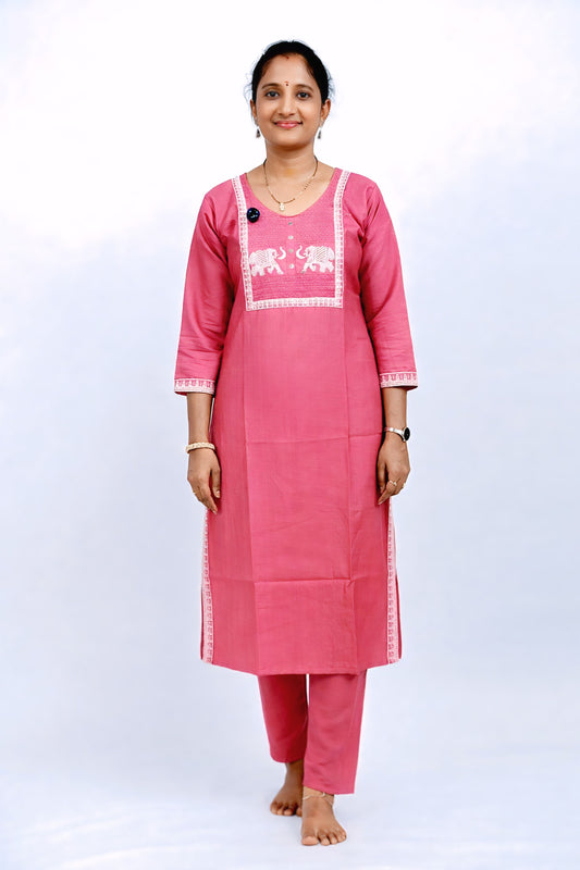 Ethnic Cotton Kurta Set with Elephant Motif