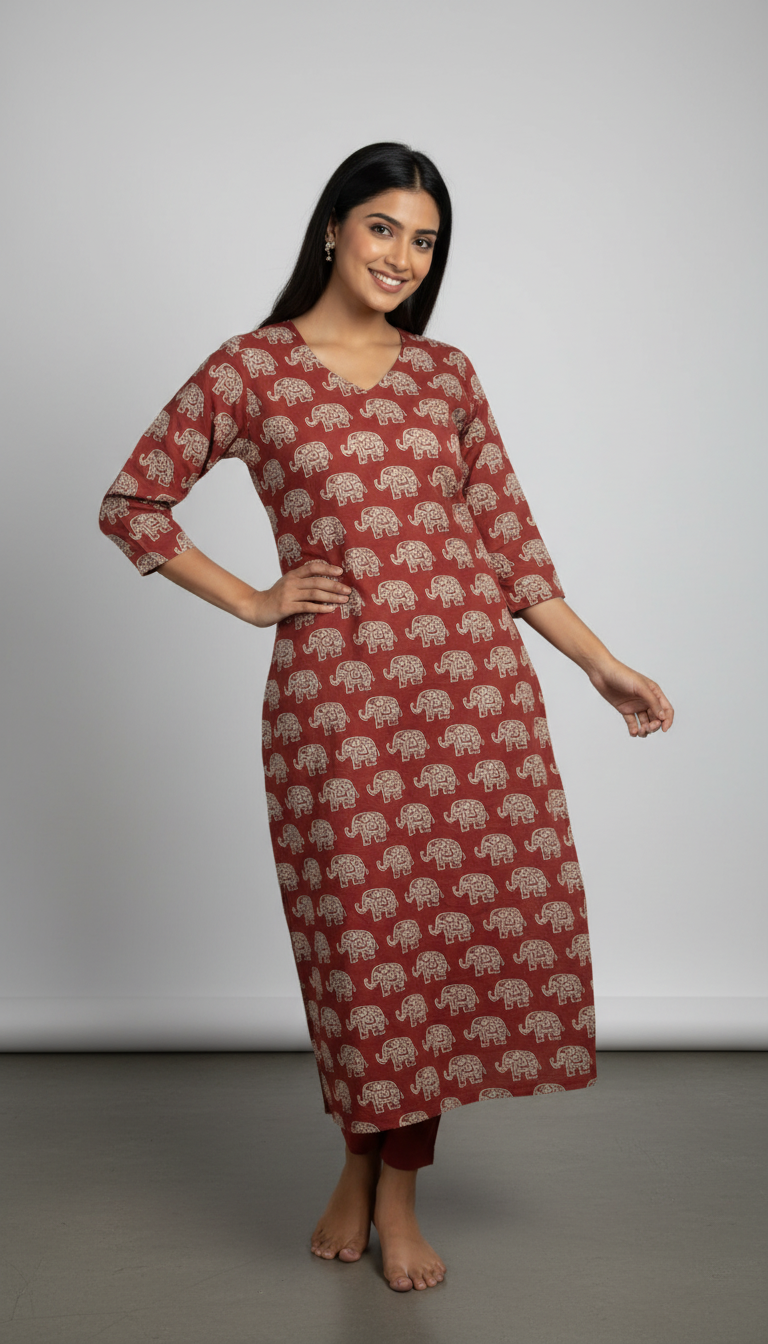 Kalamkari Straight Kurti with Elephant Motif