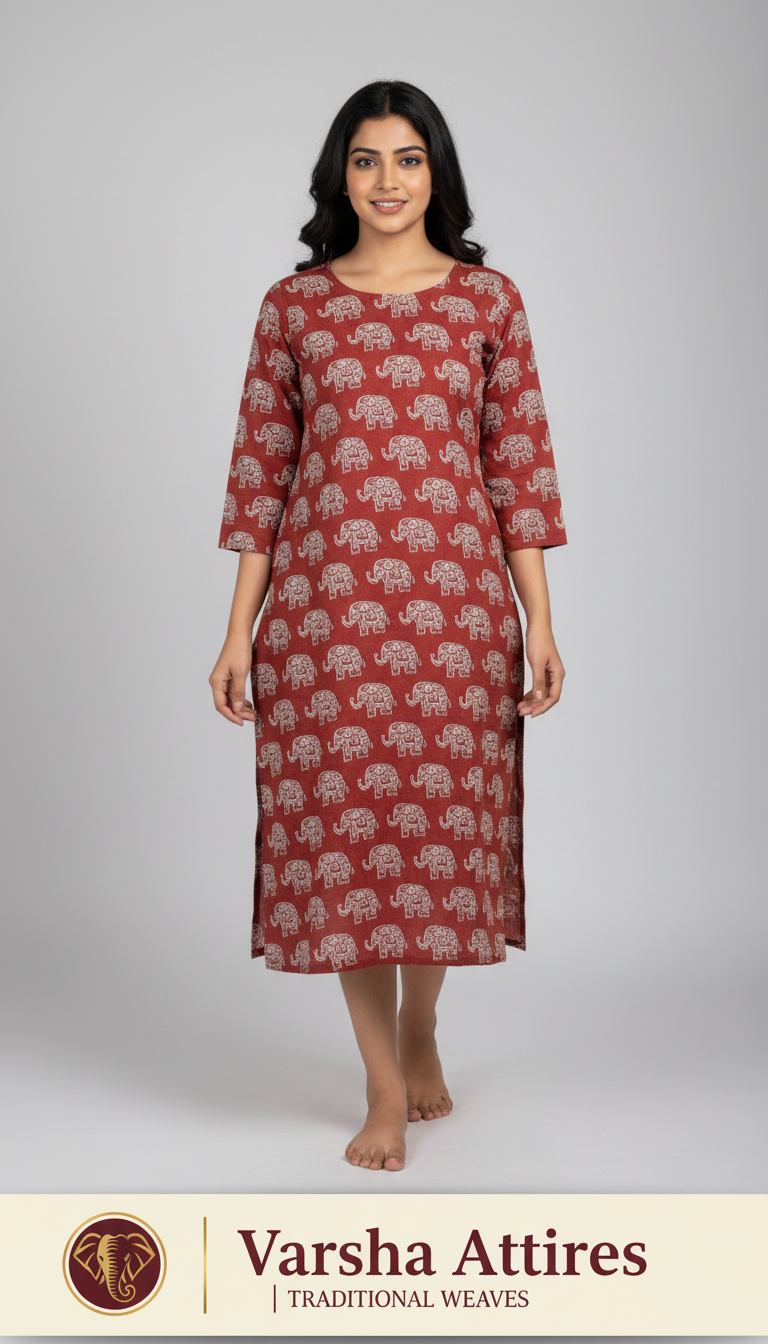 Kalamkari Straight Kurti with Elephant Motif
