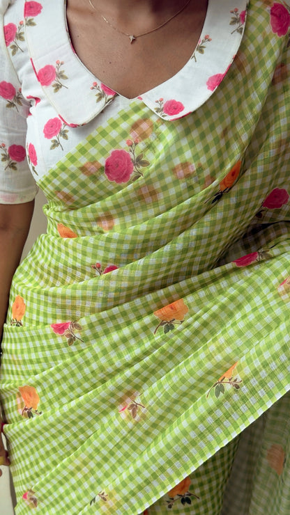 Green Soft Linen Saree with Checks Pattern and Floral Motifs With Blouse