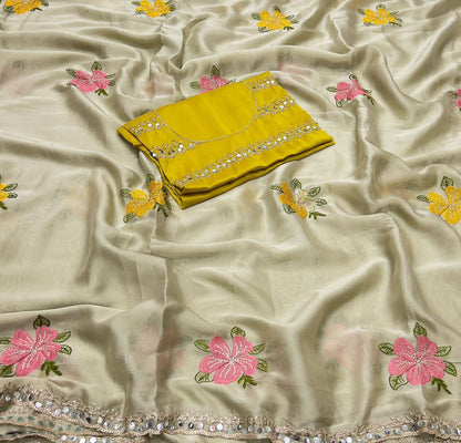 CHIFFON FLORAL EMBROIDERY THREAD WORK SAREE