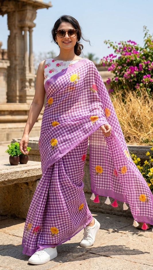 Purple Soft Linen Saree with Checks Pattern and Floral Motifs With Blouse ( VALC7 )