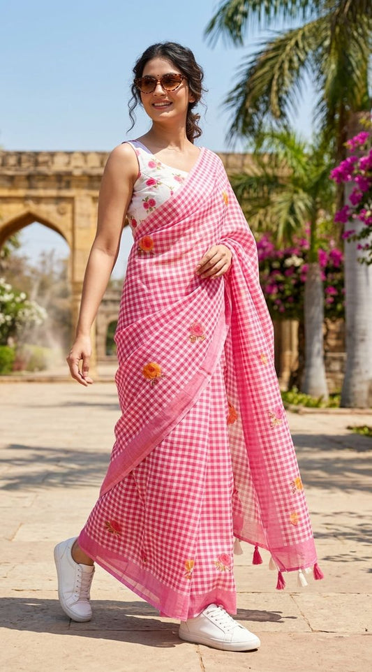 Pink Soft Linen Saree with Checks Pattern and Floral Motifs With Blouse ( VALC7 )