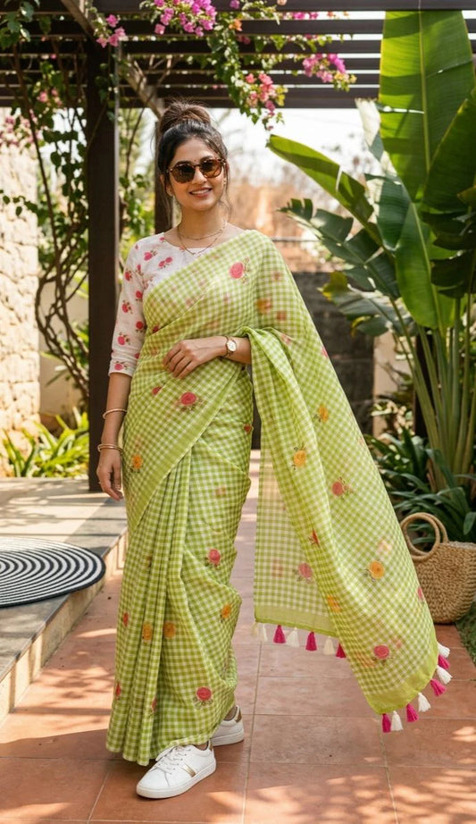Green Soft Linen Saree with Checks Pattern and Floral Motifs With Blouse