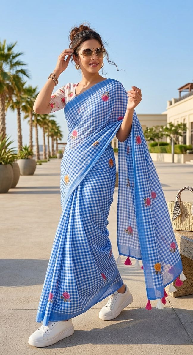 Blue Soft Linen Saree with Checks Pattern and Floral Motifs With Blouse ( VALC7 )