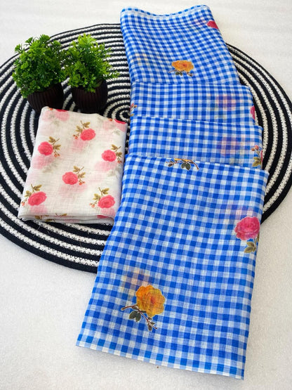 Blue Soft Linen Saree with Checks Pattern and Floral Motifs With Blouse ( VALC7 )