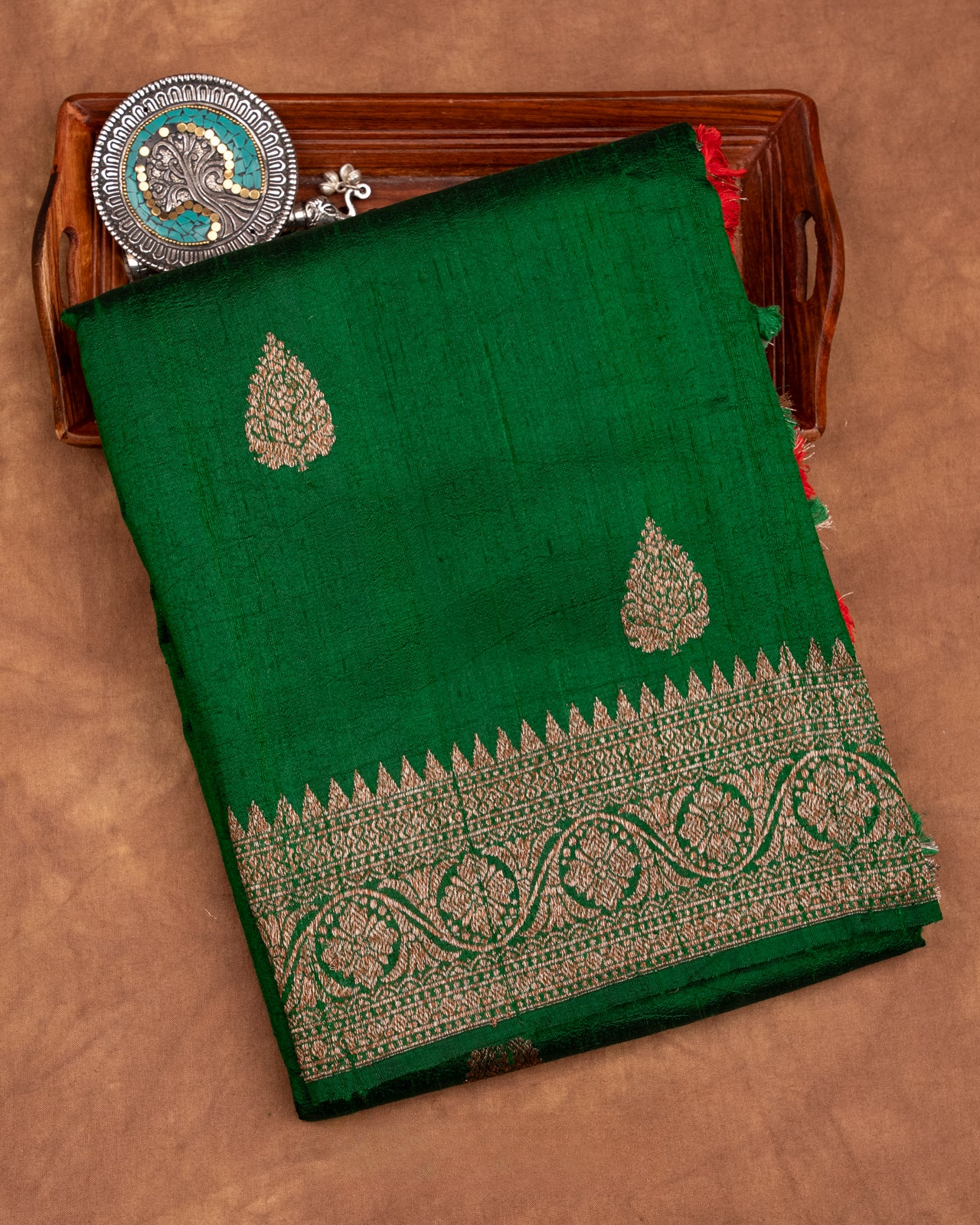 Dark Green Raw Silk Saree