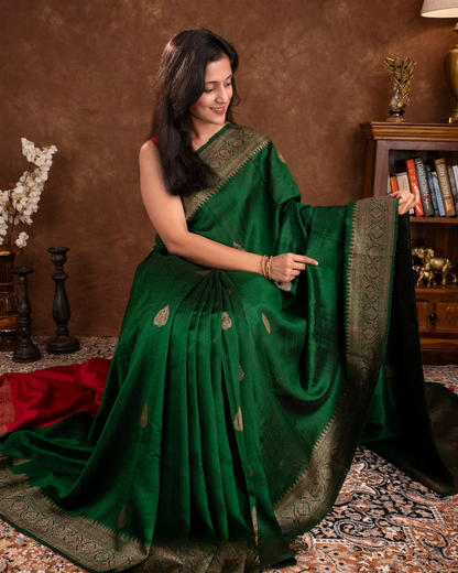 Dark Green Raw Silk Saree
