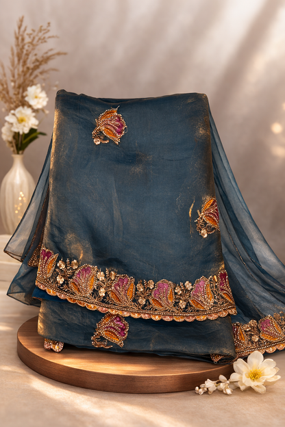 Deep Teal Blue Embroidered Saree