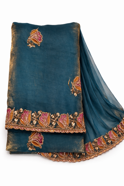 Deep Teal Blue Embroidered Saree