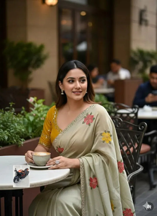 CHIFFON FLORAL EMBROIDERY THREAD WORK SAREE