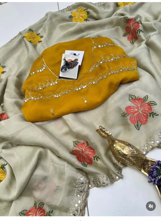 CHIFFON FLORAL EMBROIDERY THREAD WORK SAREE